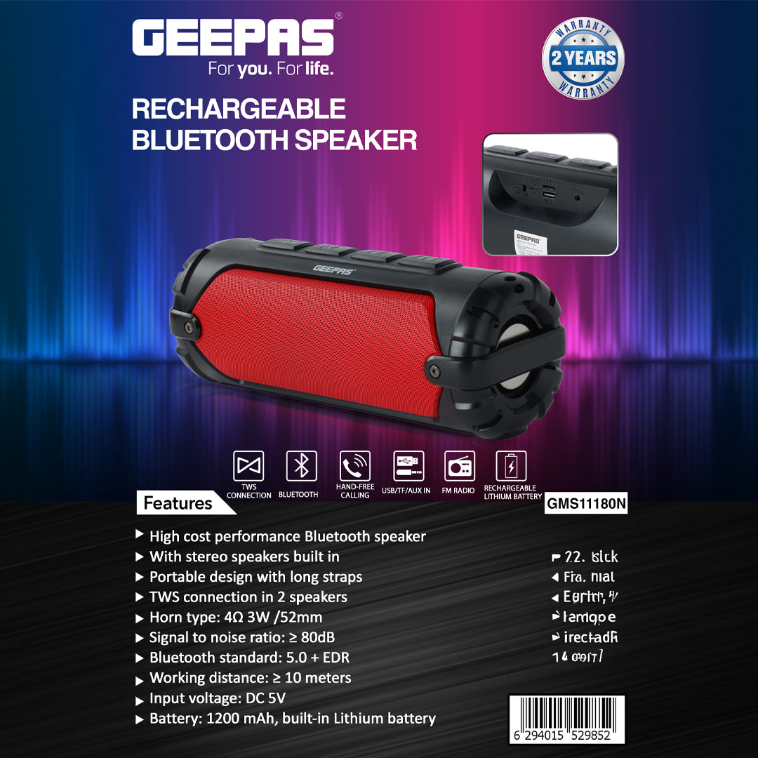Geepas GMS11180 Rechargeable Bluetooth Speaker | TWS Portable Wireless Speaker | Multiple Playback Options | Hands-Free Calling |1200mAh Rechargeable Battery | Durable
