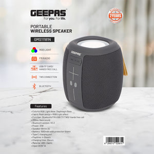 Geepas GMS11181 Portable Bluetooth Speaker with RGB Lights | Powerful Sound Output| | USB/TF/AUX Input | FM Radio| Built-in Rechargeable Battery|  2-Year Warranty