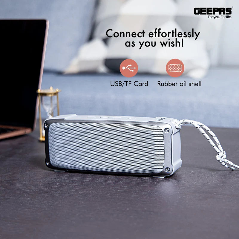 Geepas GMS11182 Rechargeable Bluetooth Speaker | Outdoor Sports Portable Speaker |Rugged Rubber Oil Shell| 1200mAh Battery| TWS, FM, USB/TF Card, AUX| Hands-Free Calling