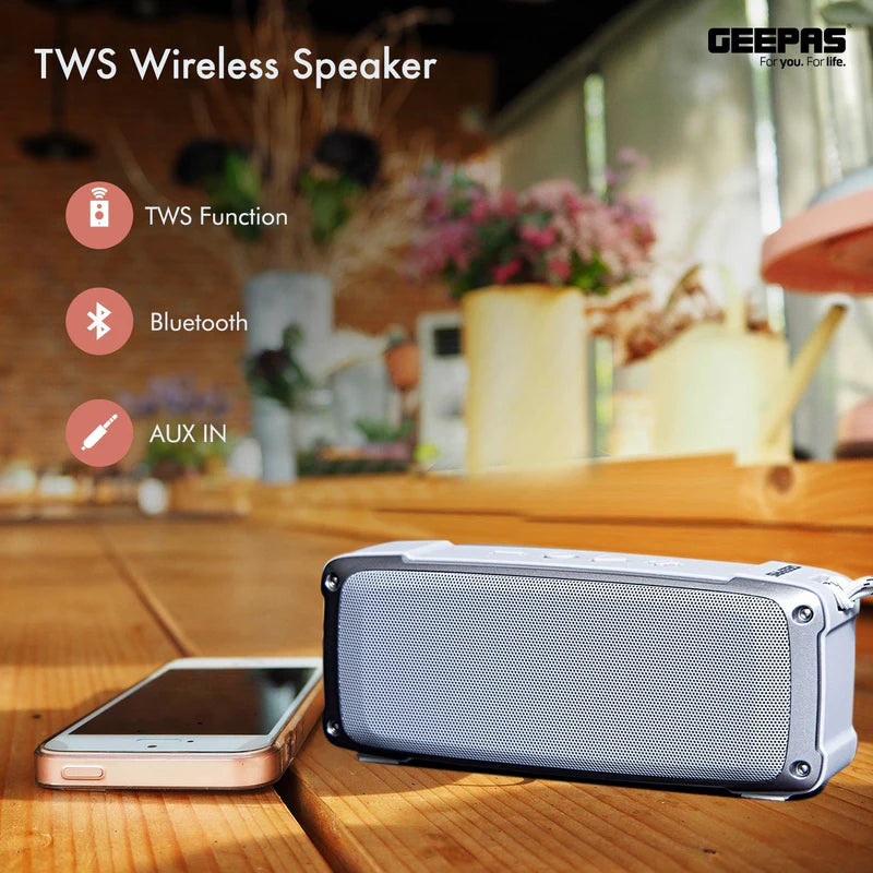 Geepas GMS11182 Rechargeable Bluetooth Speaker | Outdoor Sports Portable Speaker |Rugged Rubber Oil Shell| 1200mAh Battery| TWS, FM, USB/TF Card, AUX| Hands-Free Calling
