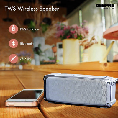 Geepas GMS11182 Rechargeable Bluetooth Speaker | Outdoor Sports Portable Speaker |Rugged Rubber Oil Shell| 1200mAh Battery| TWS, FM, USB/TF Card, AUX| Hands-Free Calling