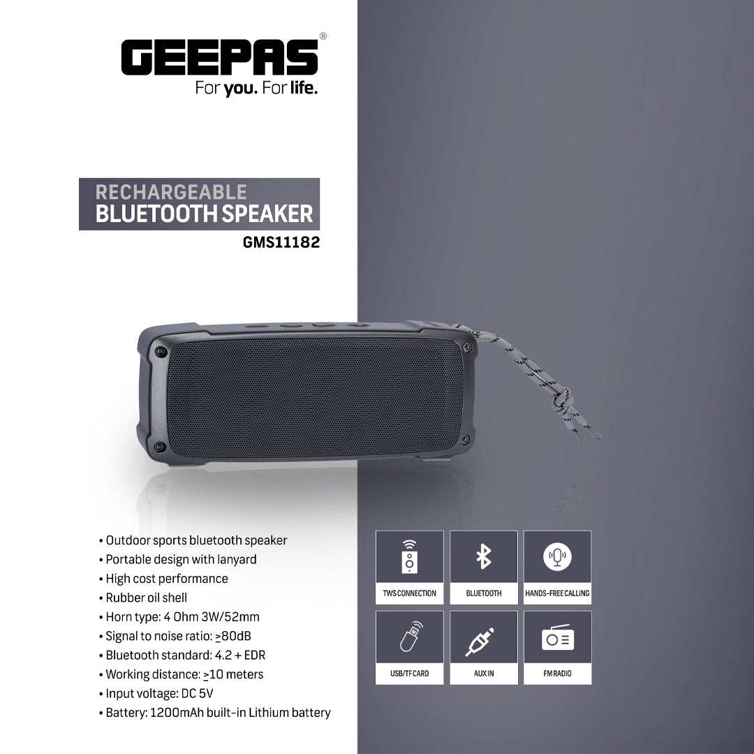 Geepas GMS11182 Rechargeable Bluetooth Speaker | Outdoor Sports Portable Speaker |Rugged Rubber Oil Shell| 1200mAh Battery| TWS, FM, USB/TF Card, AUX| Hands-Free Calling