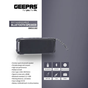 Geepas GMS11182 Rechargeable Bluetooth Speaker | Outdoor Sports Portable Speaker |Rugged Rubber Oil Shell| 1200mAh Battery| TWS, FM, USB/TF Card, AUX| Hands-Free Calling
