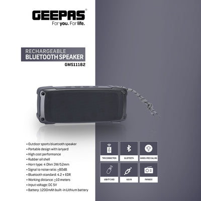 Geepas GMS11182 Rechargeable Bluetooth Speaker | Outdoor Sports Portable Speaker |Rugged Rubber Oil Shell| 1200mAh Battery| TWS, FM, USB/TF Card, AUX| Hands-Free Calling