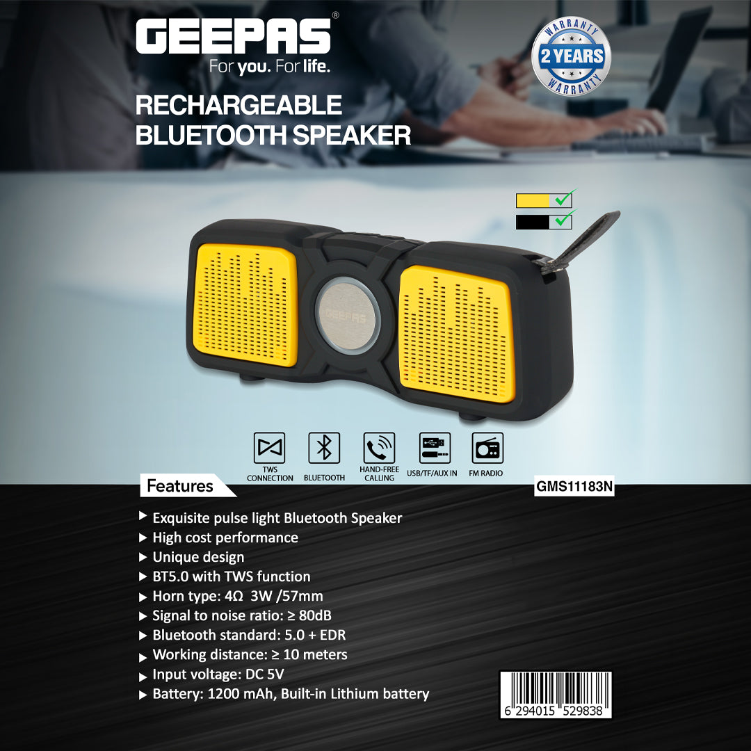 Geepas GMS11183 Rechargeable Bluetooth Speaker | TWS Connection| USB/TF/FM/AUX Input | 1200mAh Built-in Battery| Pulse LED Light| Hands-Free Calling | 2-Year Warranty
