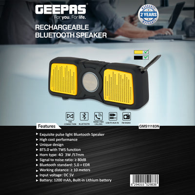 Geepas GMS11183 Rechargeable Bluetooth Speaker | TWS Connection| USB/TF/FM/AUX Input | 1200mAh Built-in Battery| Pulse LED Light| Hands-Free Calling | 2-Year Warranty
