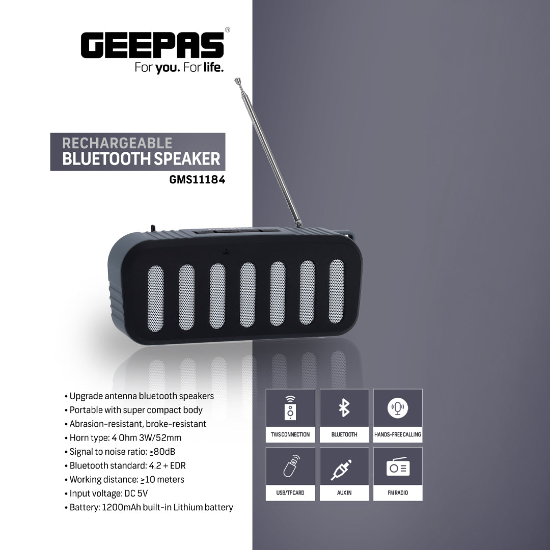 Rechargeable Bluetooth Speaker, TWS Connection | GMS11184 | Portable Wireless Speakers | 1200mAh Battery | BT/ TF Card/ AUX/ USB Playback | For Home, Party, Outdoor Etc