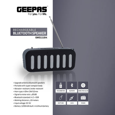 Rechargeable Bluetooth Speaker, TWS Connection | GMS11184 | Portable Wireless Speakers | 1200mAh Battery | BT/ TF Card/ AUX/ USB Playback | For Home, Party, Outdoor Etc