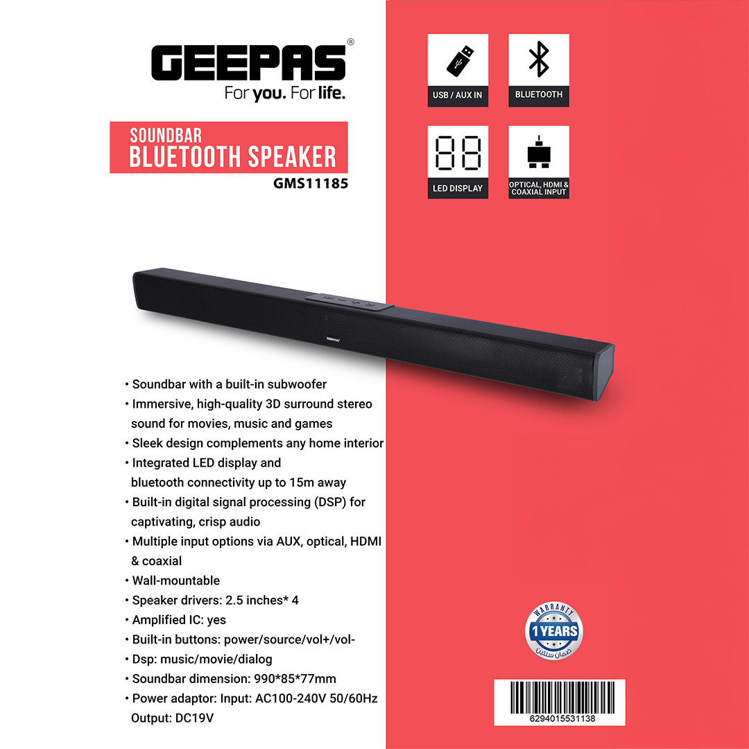 Geepas GMS11185 Bluetooth Soundbar with Built-in Subwoofer|3D Surround Sound| HDMI Optical AUX Inputs| LED Display| Wall-Mountable Home Audio System for TV Movies & Music