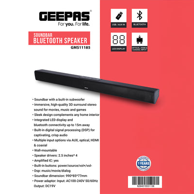 Geepas GMS11185 Bluetooth Soundbar with Built-in Subwoofer|3D Surround Sound| HDMI Optical AUX Inputs| LED Display| Wall-Mountable Home Audio System for TV Movies & Music