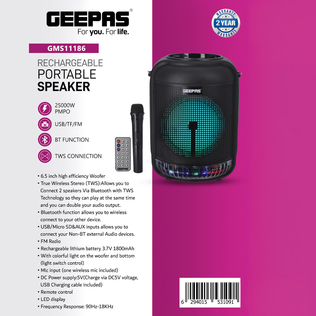 Geepas GMS11186 Rechargeable Portable Speaker | 25000W PMPO| Bluetooth & TWS| 6.5” Woofer| FM/USB/TF/AUX| LED Light| Wireless Mic| 3.7V 1800mAh Battery| 2 Years Warranty