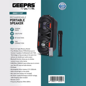 Geepas GMS11187 Rechargeable Portable Speaker | 25000W PMPO Powerful Sound| Dual 4” Woofer| Bluetooth| USB/TF/FM, TWS| Mic Input| Remote Control & 2 Years Warranty