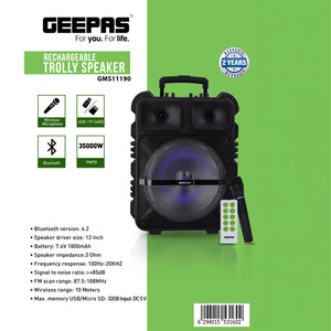 Geepas GMS11190 Rechargeable Trolley Speaker | Powerful 12” Woofer|  Wireless Microphone|  Bluetooth|  USB/TF Card|  FM Radio|  35000W PMPO Output|  2 Years Warranty