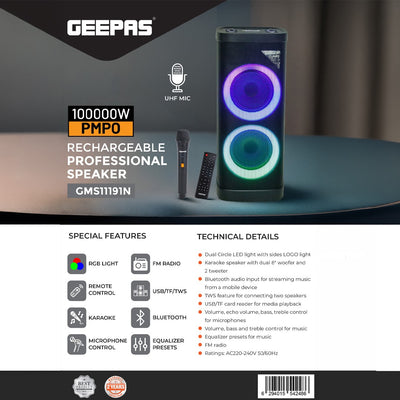 Geepas GMS11191 Rechargeable Professional Speaker with Bluetooth| UHF Microphone |  RGB LED Lights | Karaoke | FM Radio | USB/TF Playback and  100000W PMPO Sound