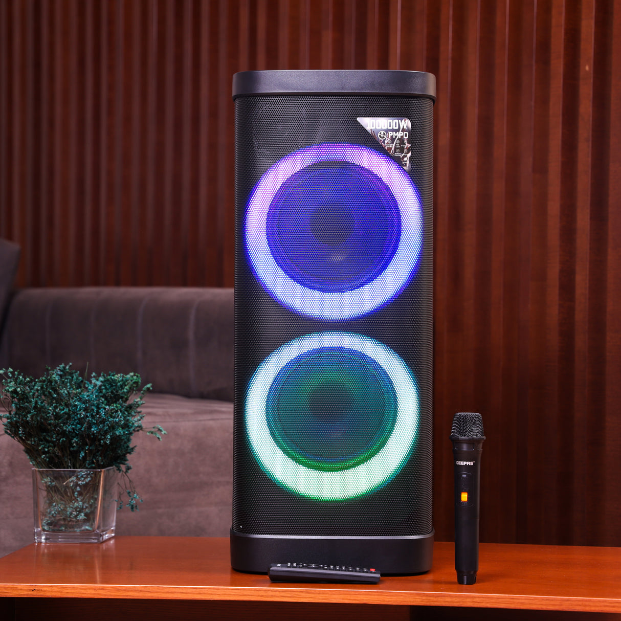 Geepas GMS11191 Rechargeable Professional Speaker with Bluetooth| UHF Microphone |  RGB LED Lights | Karaoke | FM Radio | USB/TF Playback and  100000W PMPO Sound