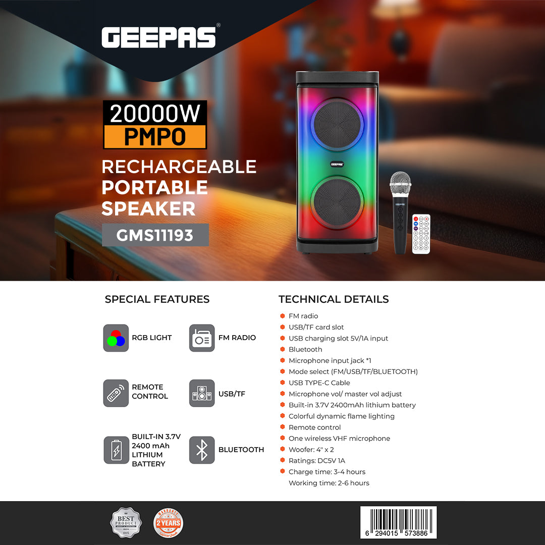 Geepas Rechargeable Portable Speaker GMS11193 | 20000W PMPO, RGB Light, USB, TF, TWS, FM, Bluetooth, VHF Mic | With Remote | For Parties & Home | Black, 2-Year Warranty