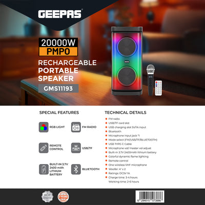 Geepas Rechargeable Portable Speaker GMS11193 | 20000W PMPO, RGB Light, USB, TF, TWS, FM, Bluetooth, VHF Mic | With Remote | For Parties & Home | Black, 2-Year Warranty