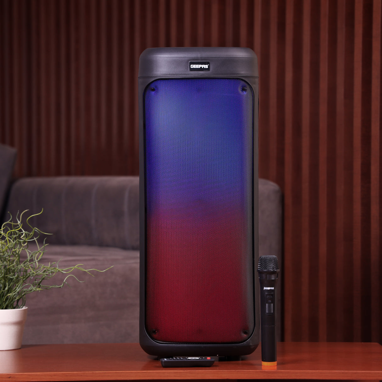 Geepas GMS11194 Rechargeable Portable Speaker | Powerful 30000W PMPO Output| Dynamic RGB Flame Lights| Bluetooth| USB/TF/FM Support| Wireless Microphone| 2 Years Warranty