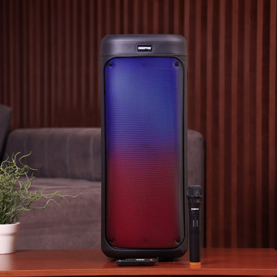 Geepas GMS11194 Rechargeable Portable Speaker | Powerful 30000W PMPO Output| Dynamic RGB Flame Lights| Bluetooth| USB/TF/FM Support| Wireless Microphone| 2 Years Warranty