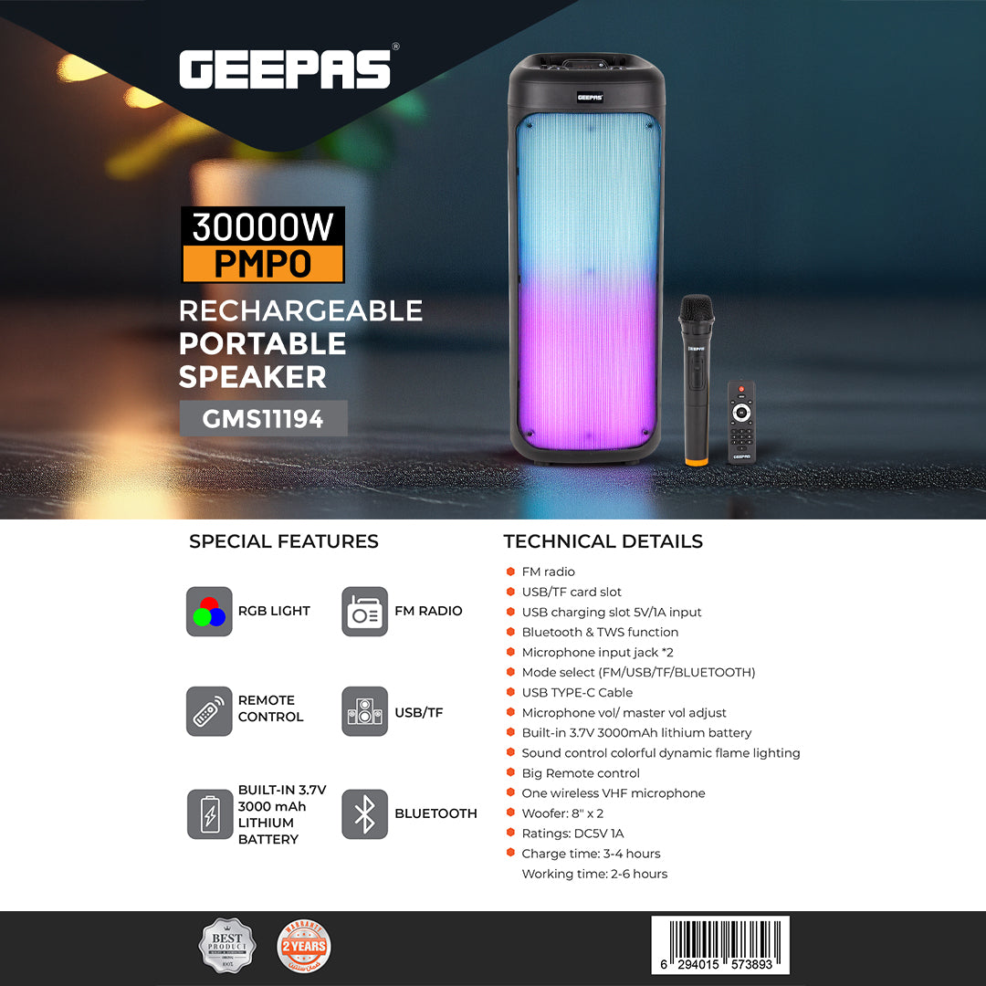 Geepas GMS11194 Rechargeable Portable Speaker | Powerful 30000W PMPO Output| Dynamic RGB Flame Lights| Bluetooth| USB/TF/FM Support| Wireless Microphone| 2 Years Warranty