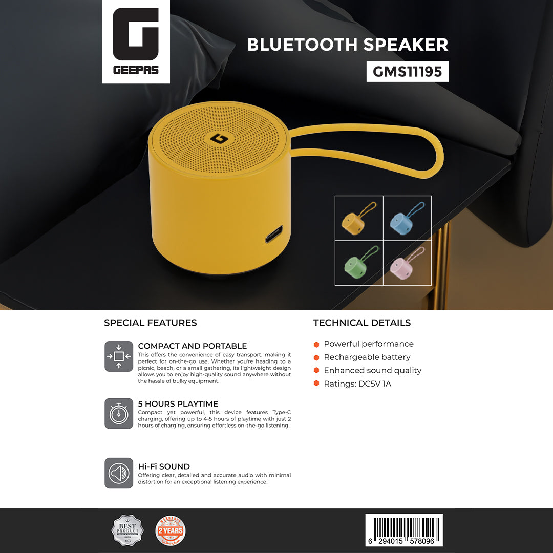 Geepas Bluetooth Speaker- GMS11195/ Compact and Portable, 5 Hours Playtime, Hi-Fi Sound/ Rechargeable Battery, Enhanced Sound Quality / Yellow, 2 Years Warranty