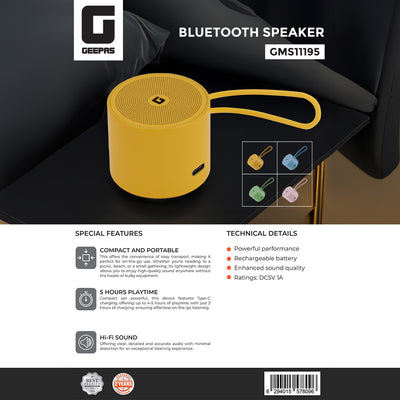 Geepas Bluetooth Speaker- GMS11195/ Compact and Portable, 5 Hours Playtime, Hi-Fi Sound/ Rechargeable Battery, Enhanced Sound Quality / Yellow, 2 Years Warranty