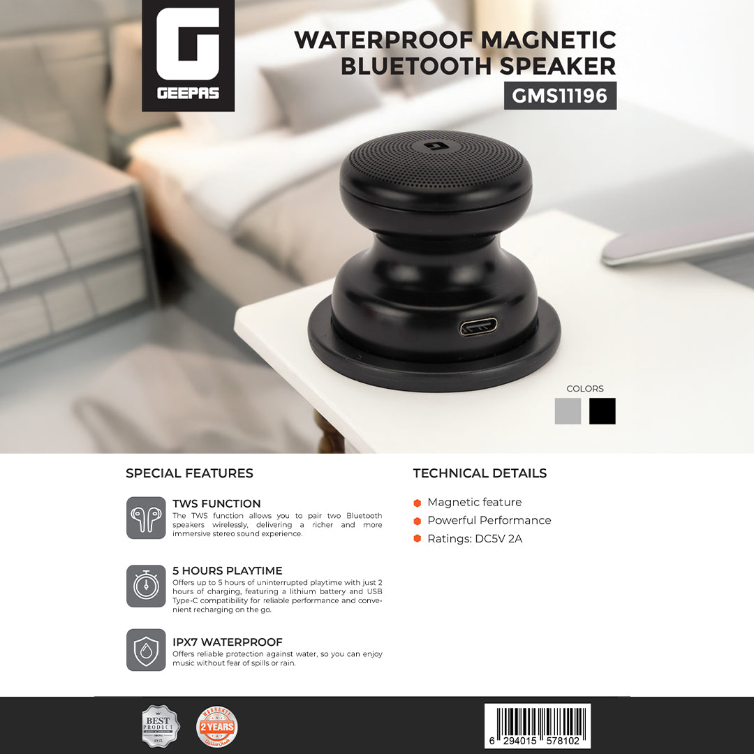 Geepas Waterproof Magnetic Bluetooth Speaker GMS11196 | Compact & Portable, 5Hours Playtime, TWS, IPX7 Waterproof | Ideal for Home, Travel,  Outdoor Etc | 2Year Warranty