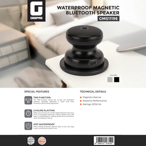 Geepas Waterproof Magnetic Bluetooth Speaker GMS11196 | Compact & Portable, 5Hours Playtime, TWS, IPX7 Waterproof | Ideal for Home, Travel,  Outdoor Etc | 2Year Warranty