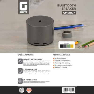 Geepas GMS11197 Bluetooth Speaker | Compact & Portable | 5H Playtime, 3D Stereo Sound, Rechargeable Battery | Perfect for Parties, Travel & Home | 2 Years Warranty