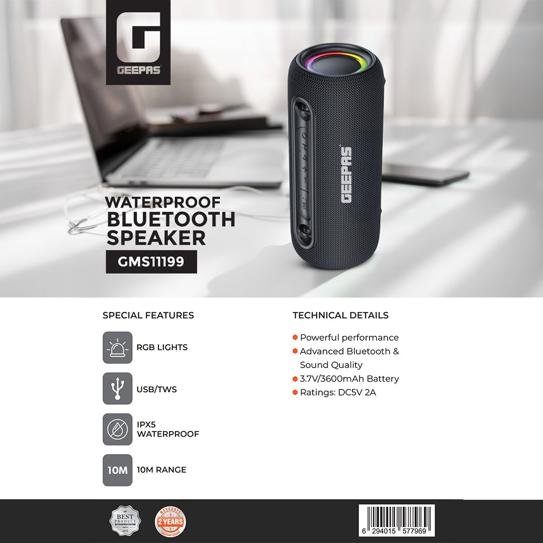 Geepas Waterproof Bluetooth Speaker GMS11199 | Portable Wireless Speaker with RGB Lights, USB/TWS Support, 10M Bluetooth Range, 3600mAh Battery & IPX5 Waterproof Design