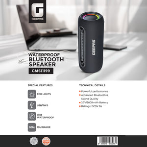 Geepas Waterproof Bluetooth Speaker GMS11199 | Portable Wireless Speaker with RGB Lights, USB/TWS Support, 10M Bluetooth Range, 3600mAh Battery & IPX5 Waterproof Design