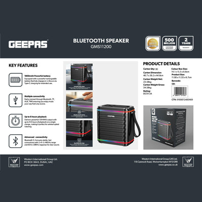 Geepas GMS11200 Bluetooth Speaker | 1800mAh Rechargeable Battery | Up to 6 Hours Playback Time | Multi-Connectivity Support | Portable Wireless Music Sound System