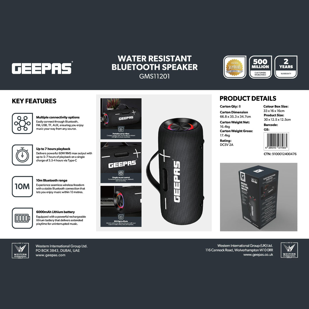 Geepas GMS11201 Water Resistant Bluetooth Speaker | Portable Wireless Design with Long Battery Life, 10m Bluetooth Range, Powerful Sound, Built-in Mic & Easy Connectivity