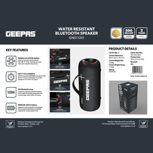 Geepas GMS11201 Water Resistant Bluetooth Speaker | Portable Wireless Design with Long Battery Life, 10m Bluetooth Range, Powerful Sound, Built-in Mic & Easy Connectivity