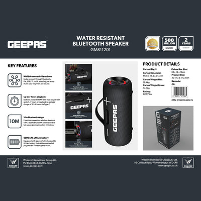 Geepas GMS11201 Water Resistant Bluetooth Speaker | Portable Wireless Design with Long Battery Life, 10m Bluetooth Range, Powerful Sound, Built-in Mic & Easy Connectivity