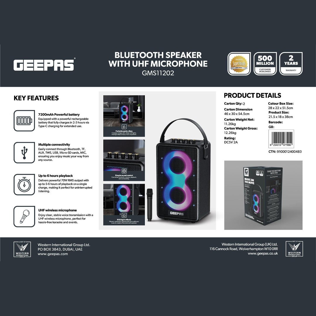 Geepas GMS11202 Bluetooth Speaker with UHF Wireless Microphone | 70W RMS Powerful Sound | 7200mAh Rechargeable Battery | RGB Party Lights | Multi-Connectivity Options