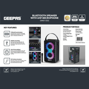 Geepas GMS11202 Bluetooth Speaker with UHF Wireless Microphone | 70W RMS Powerful Sound | 7200mAh Rechargeable Battery | RGB Party Lights | Multi-Connectivity Options