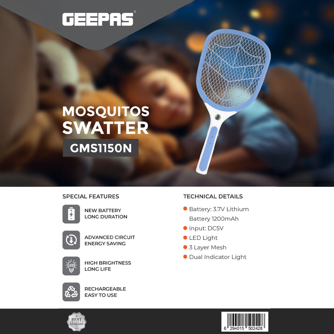 Geepas GMS1150 Rechargeable Mosquito Swatter | 3.7V 1200mAh Lithium Battery | LED Light | 3-Layer Mesh | Dual Indicator | Long Battery Life | Safe & Easy to Use