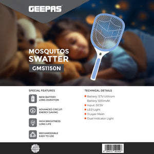 Geepas GMS1150 Rechargeable Mosquito Swatter | 3.7V 1200mAh Lithium Battery | LED Light | 3-Layer Mesh | Dual Indicator | Long Battery Life | Safe & Easy to Use