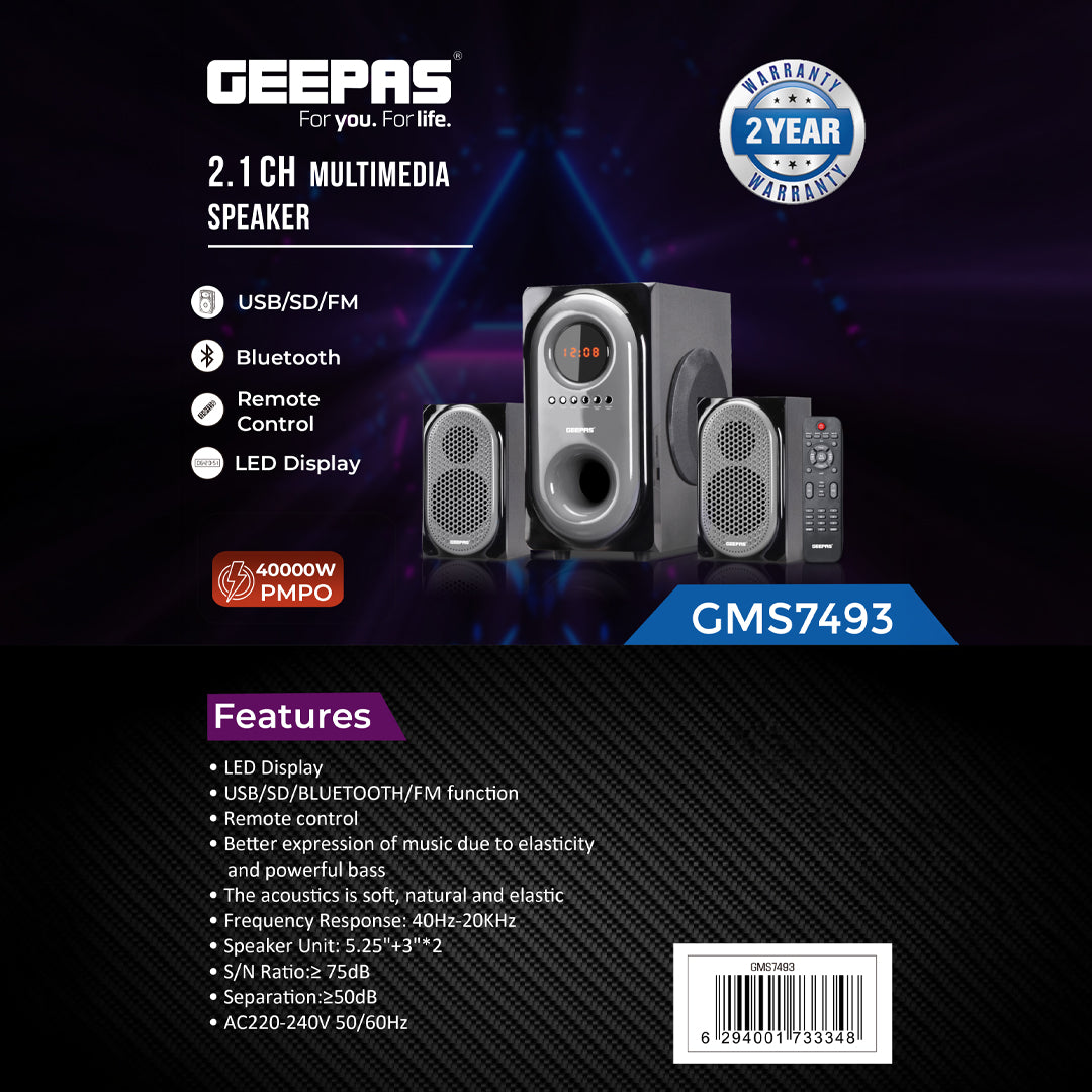 Geepas GMS7493N 2.1 Channel Multimedia Speaker | 40000W PMPO | Bluetooth, USB, SD Card, FM Radio, LED Display & Remote Control | Rich Bass | 2-Year Manufacturer Warranty