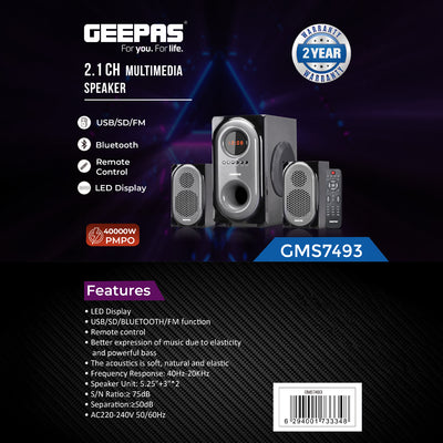 Geepas GMS7493N 2.1 Channel Multimedia Speaker | 40000W PMPO | Bluetooth, USB, SD Card, FM Radio, LED Display & Remote Control | Rich Bass | 2-Year Manufacturer Warranty