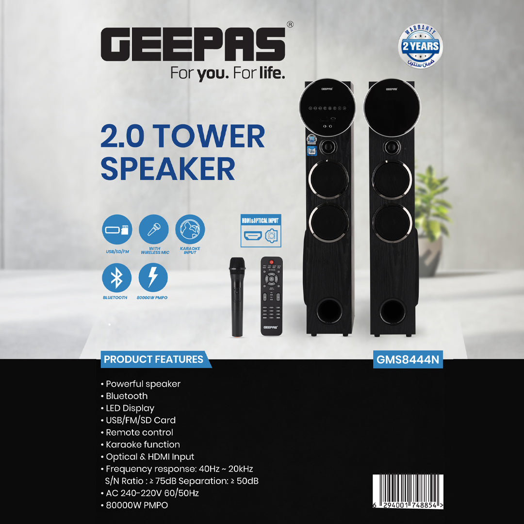 Geepas GMS8444 2.0 Tower Speaker | 80000W PMPO, Bluetooth, HDMI, Optical, USB, SD, FM, Wireless Mic & Karaoke | LED Display  | Remote Control | Slim Floor-Standing Design