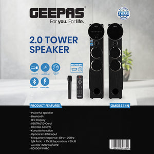 Geepas GMS8444 2.0 Tower Speaker | 80000W PMPO, Bluetooth, HDMI, Optical, USB, SD, FM, Wireless Mic & Karaoke | LED Display  | Remote Control | Slim Floor-Standing Design