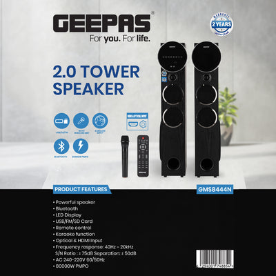 Geepas GMS8444 2.0 Tower Speaker | 80000W PMPO, Bluetooth, HDMI, Optical, USB, SD, FM, Wireless Mic & Karaoke | LED Display  | Remote Control | Slim Floor-Standing Design