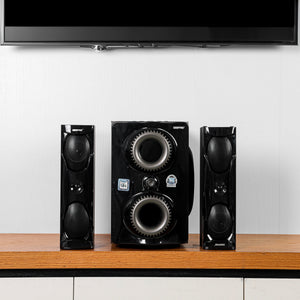 Geepas GMS8507 2.1 Multimedia Speaker | Bluetooth, USB, FM | 50000W PMPO | Digital LED Display | 8-inch subwoofer | 3-inch satellite speakers| Easy plug & play operation