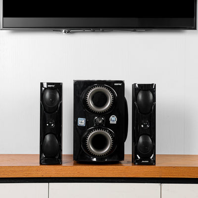 Geepas GMS8507 2.1 Multimedia Speaker | Bluetooth, USB, FM | 50000W PMPO | Digital LED Display | 8-inch subwoofer | 3-inch satellite speakers| Easy plug & play operation