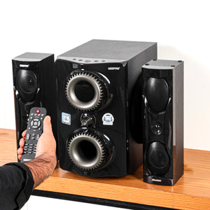 Geepas 2.1 CH Multimedia Speaker System with Remote Control- GMS8507N/ USB, SD, FM, Bluetooth and Karaoke Function/ 50000 W PMPO Audio Experience, Digital LED Display
