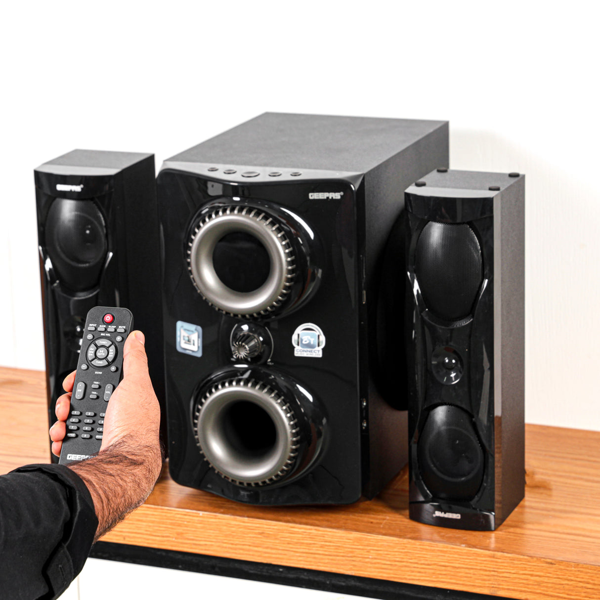 Geepas GMS8507 2.1 Multimedia Speaker | Bluetooth, USB, FM | 50000W PMPO | Digital LED Display | 8-inch subwoofer | 3-inch satellite speakers| Easy plug & play operation