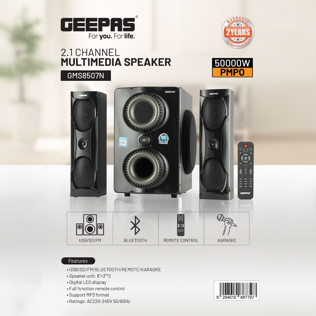 Geepas GMS8507 2.1 Multimedia Speaker | Bluetooth, USB, FM | 50000W PMPO | Digital LED Display | 8-inch subwoofer | 3-inch satellite speakers| Easy plug & play operation