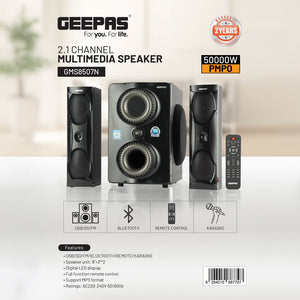Geepas GMS8507 2.1 Multimedia Speaker | Bluetooth, USB, FM | 50000W PMPO | Digital LED Display | 8-inch subwoofer | 3-inch satellite speakers| Easy plug & play operation
